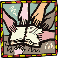 many hands reaching toward an open book
